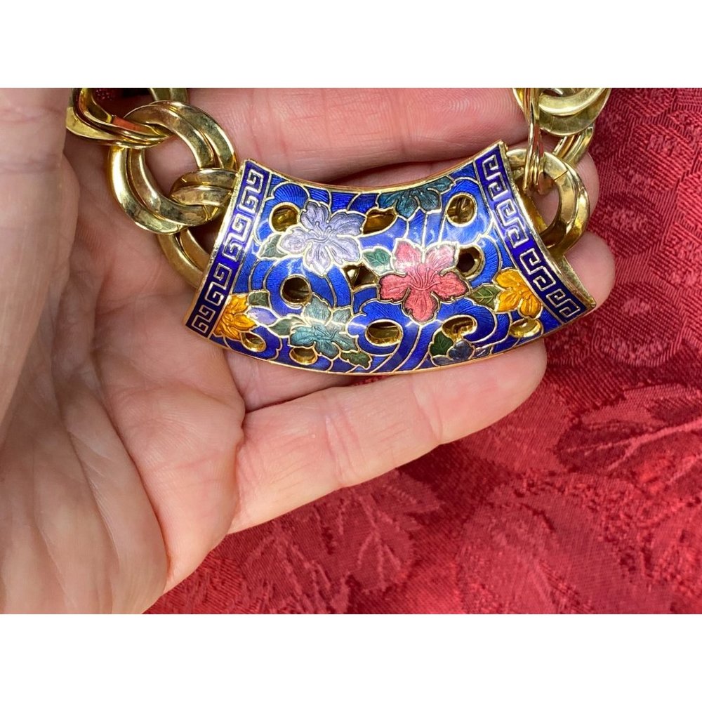 Vintage Cloisonne Chunky Large Chain Link Gold Tone Collar Necklace Statement Pi - Picture 4 of 8
